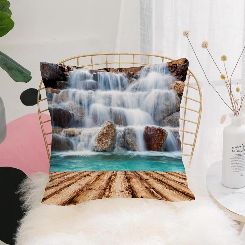HYOSXW Cushion Cover,Throw Pillow Case Home Decorative for Living Room Bedroom Sofa Chair 16X16 Inch,Lake Waterfall Stone Wood Board,Pillowcase 40X40cm