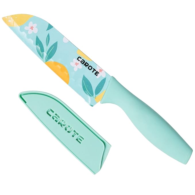 CAROTE Knife Kitchen Knife Chef Knife Color Printing Santoku Knife & Non-Slip Handle with Blade Cover, Blue, 5 inch, Stainless Steel at Rs. 251