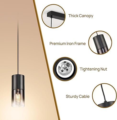 Miniatura 3 de Lámpara colgante de isla de cocina negra, lámpara colgante de cristal negro industrial, 3 bombillas E26, lámparas de araña con cable ajustable de 59