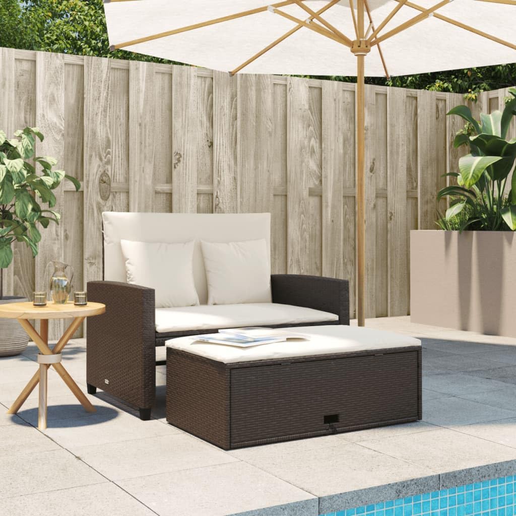 Divano da Giardino 2 Posti, in Polyrattan e Acciaio, Design Trasformabile, Set Giardino Esterno, Salotto da Giardino, per Terrazzo e Patio, Colore Marrone, 115x75x91 cm