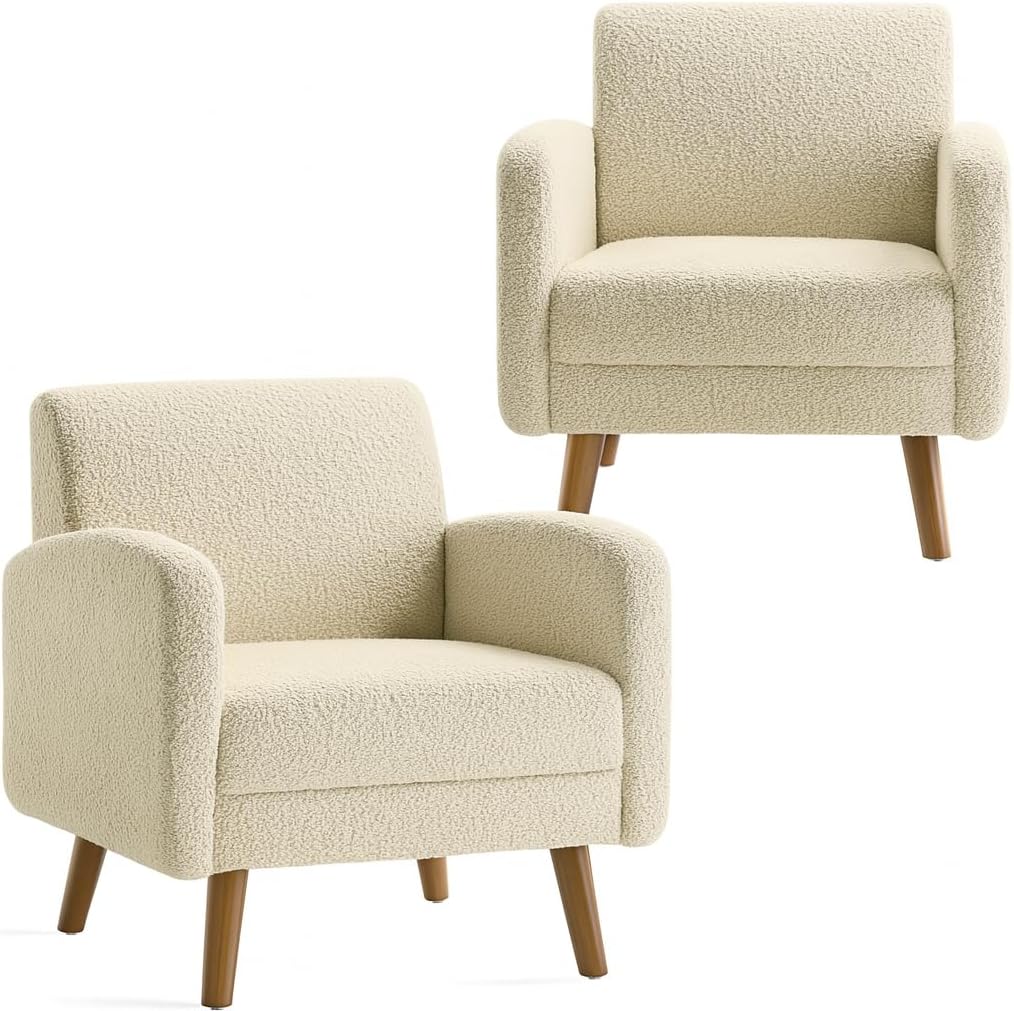 Accent Chairs for Living Room, Comfy Boucle Mid Century Modern Single Sofa Chair with Rubberwood Frame, Upholstered Reading Arm Chair for Bedroom, Club, Office Waiting Room (Beige, Single 1)