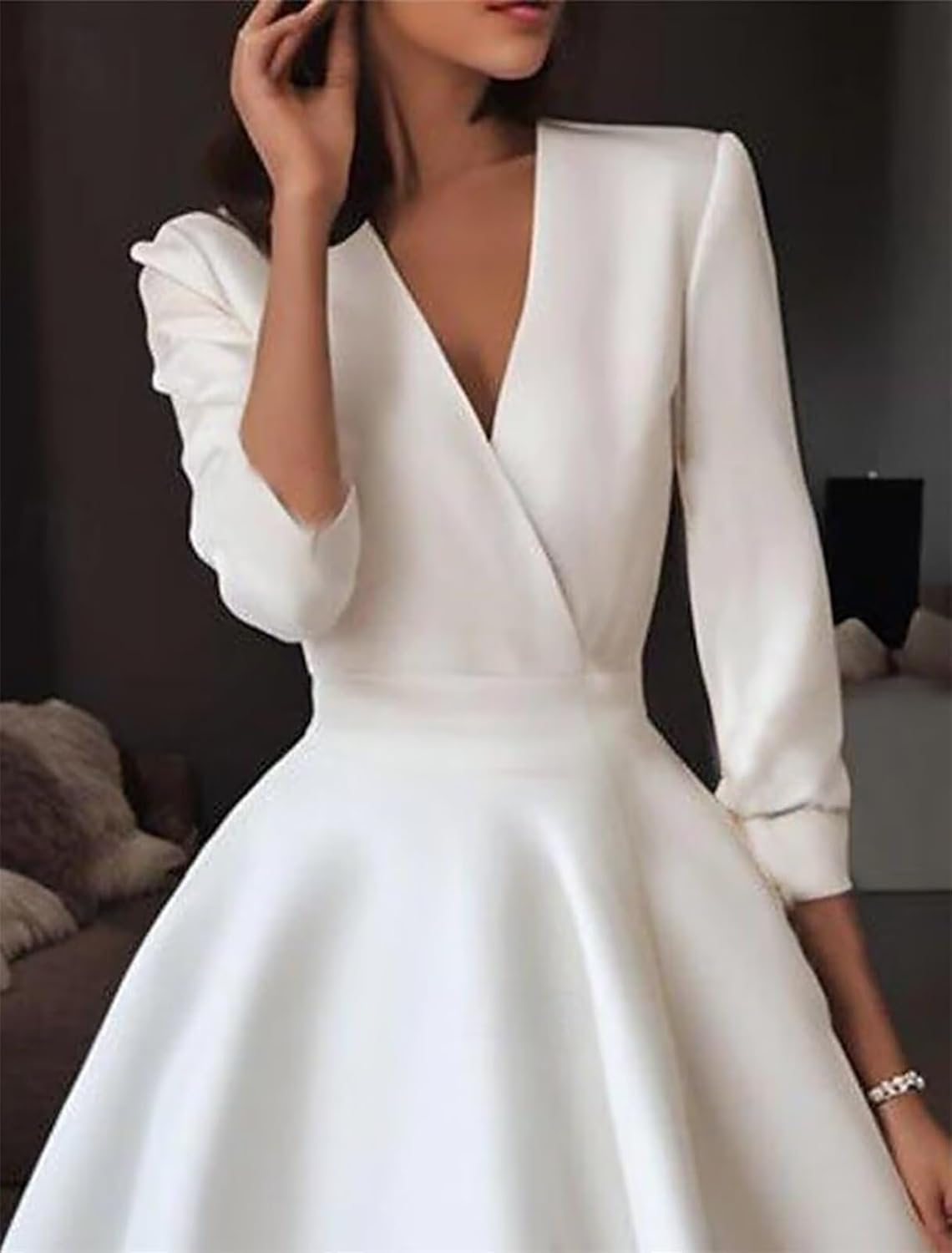 Satin V Neck Mother of The Bride Dresses for Wedding 3/4 Sleeves A Line Wedding Guest Dresses for Women with Pleates