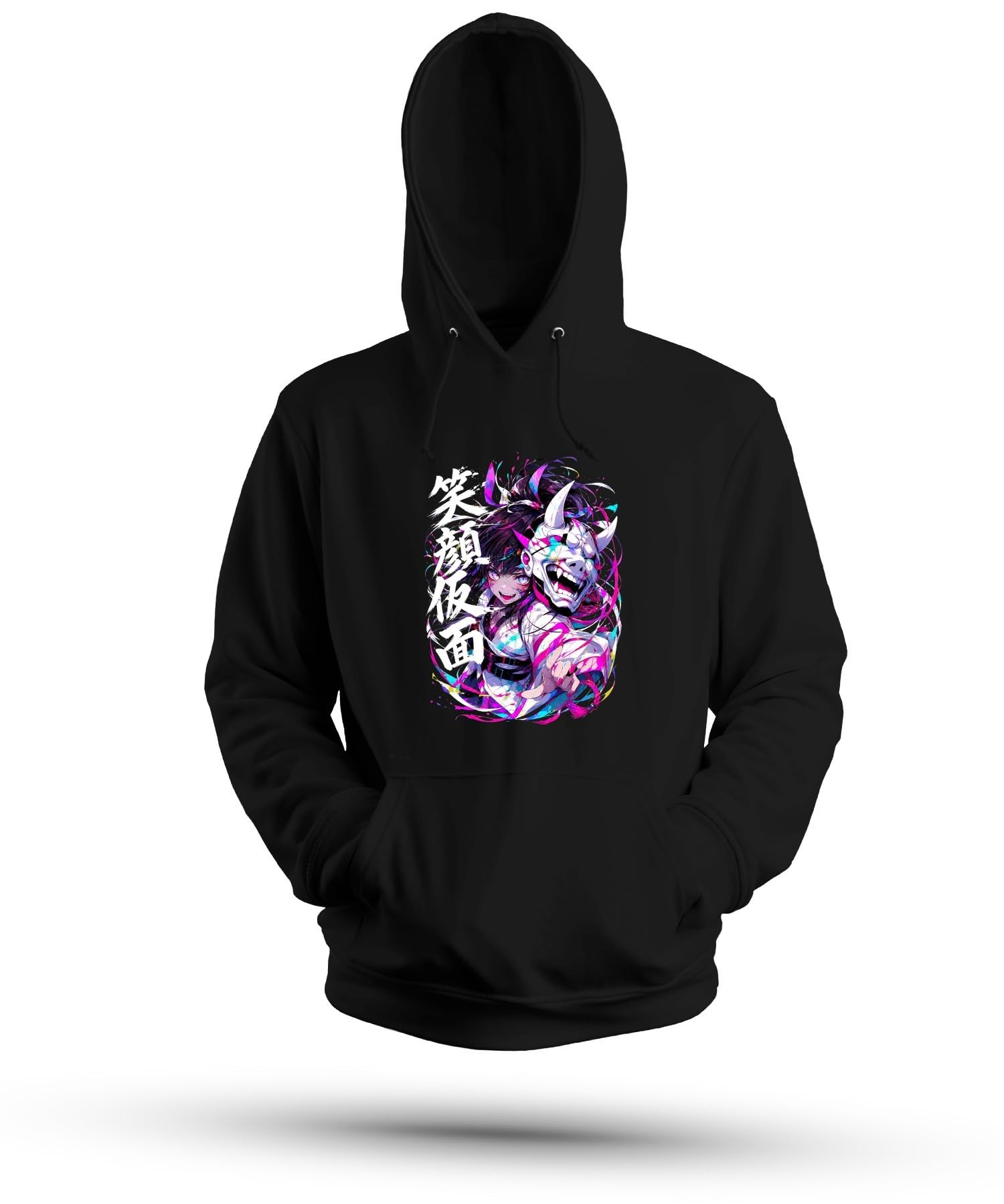 Anime dziewczęca maska Hannya Japonia Y2K bluza z kapturem | Manga Otaku Cyberpunk Demon Gejsza Neon Urban Vaporwave Cosplay Pomysł na prezent Sztuka uliczna
