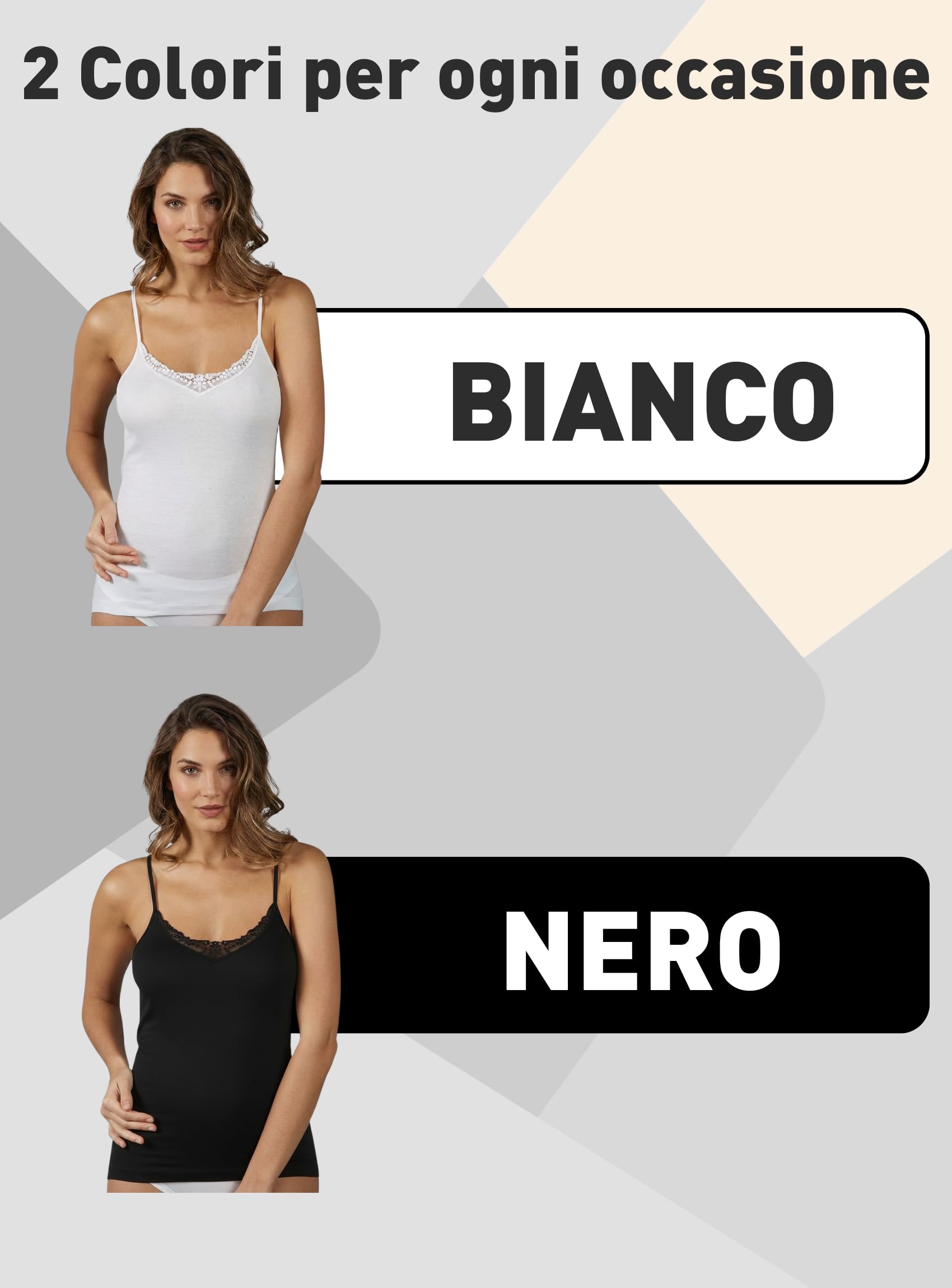 VP PINUCCIO VENEGONI Set 2 Canottiere Donna Cotone 100% Mercerizzato Spalla Stretta | Pizzo macramé, Spalline Sottili, Top Intimo Elegante | Made in Italy