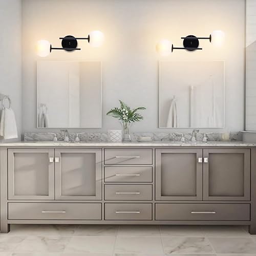 Miniatura 8 de Apliques de pared de globo negro, 2 luces modernas de tocador negro mate con pantalla de vidrio de globo blanco, lámpara de pared industrial de