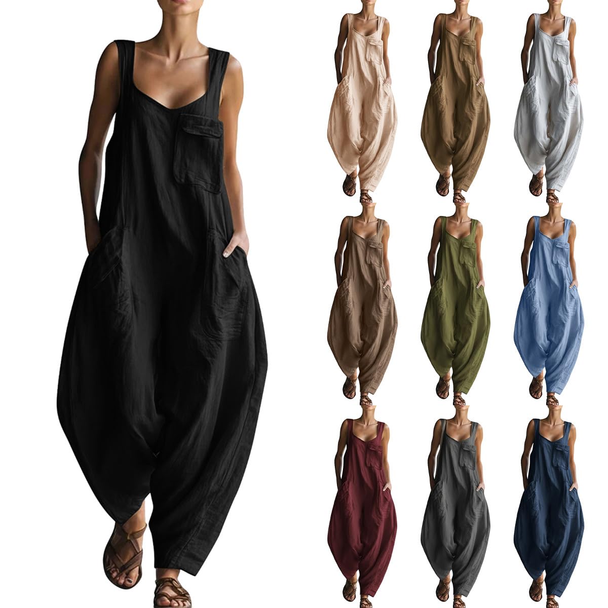 Onsoyours Salopette Donna Estiva Lunga in Lino Elegante Tuta Intera Chic Jumpsuit Pantaloni Gamba Larga Senza Maniche con Tasche