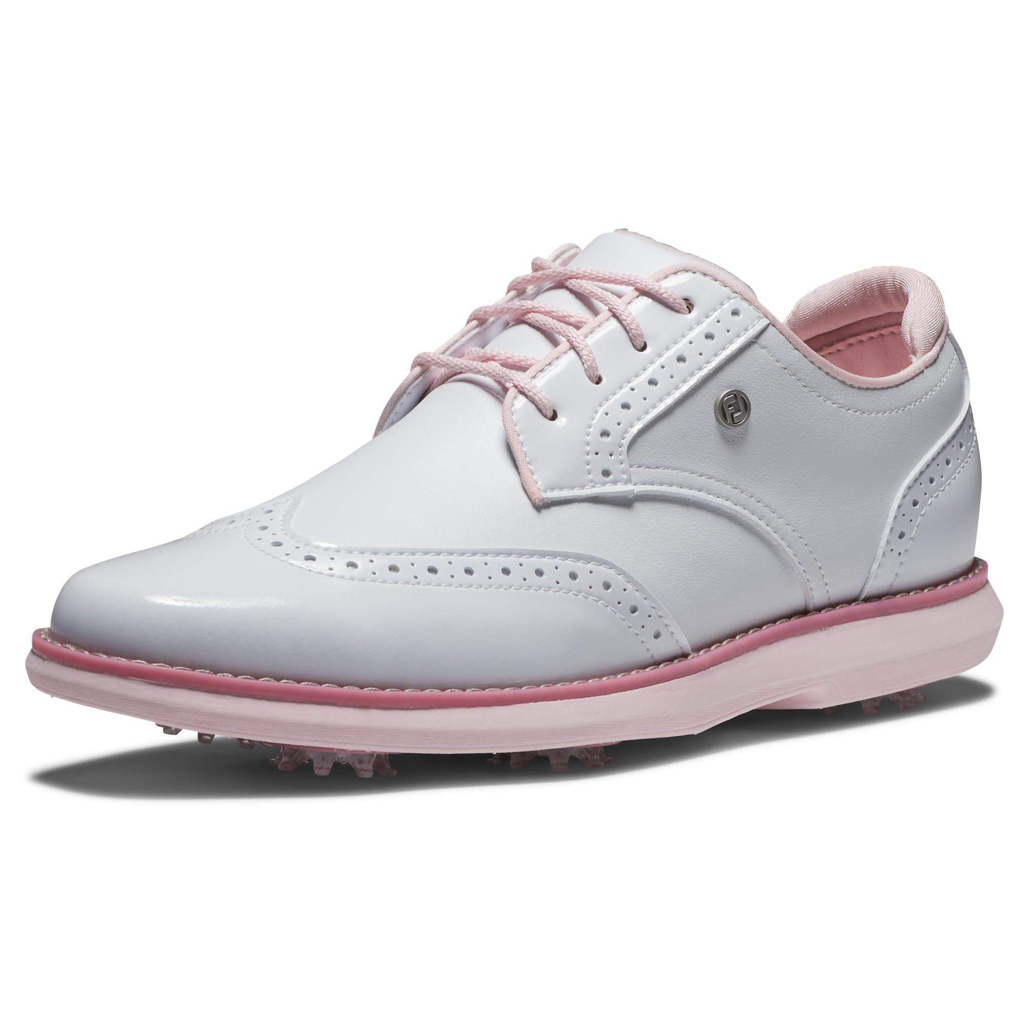 FootJoy Women's Traditions Shield Tip Golf Shoe, White/White/Pink, 8