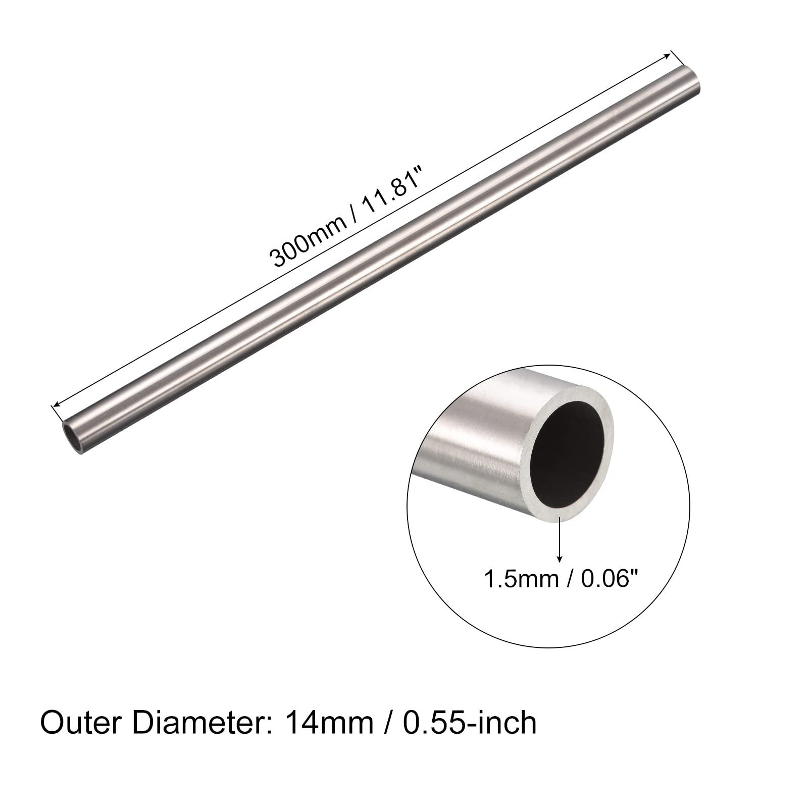QUARKZMAN 304 Inoxidable Acero Tubo, OD 14mm x 1,5mm Pared Grosor 300mm Longitud Metal Tubo para Industria Maquinaria, 2uds