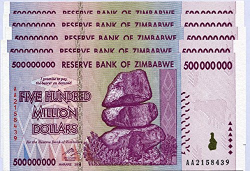 Monnaie Zimbabwe 500 Million Dollars 2008 Billet de Banque de Collection Inflation