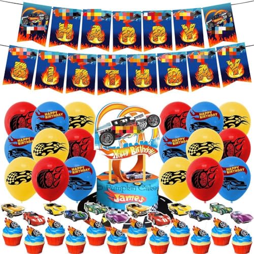 CBOSNF Decoracione de Cumpleaños Hilloly 32 Piezas Coches de Carreras Cumpleaños Globos Pancarta de Cumpleaños Cakes Topper Suministros para Fiesta para Niños Fiesta de Cumpleaños (HN6085)