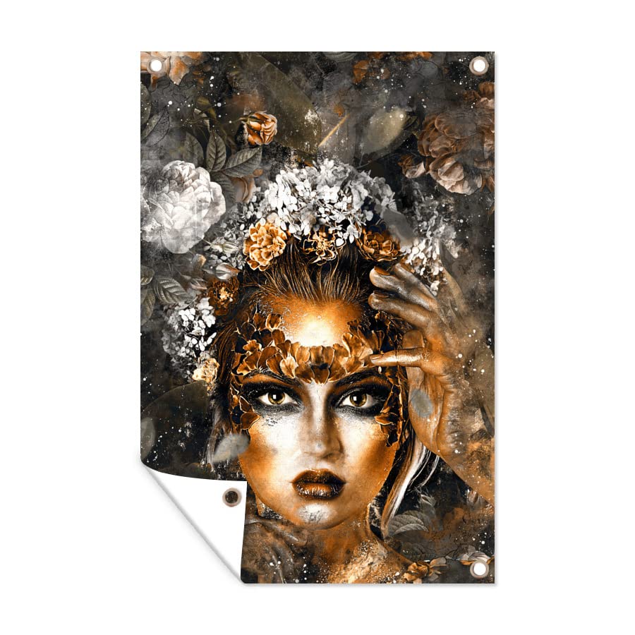 MuchoWow Outdoor-Gartenposter 60x90 Cm – UV-beständig, Wetterfest, Mit Aufhängeösen, Motiv: Frau Aus Blumen (Scherben)