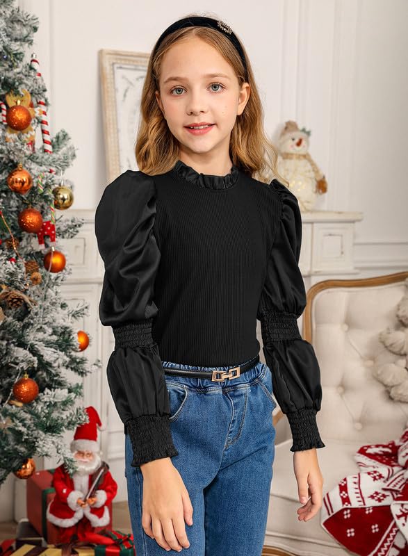 BesserBay Girls Puff Long Sleeve Shirt Ruffle Neck Rib Knit Blouse Tops Fall Shirts Size 4-12 Years3