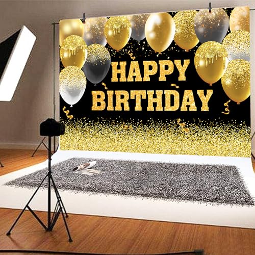Image of Happy Birthday Decorations Backdrop 8 x 6 ft Golden Happy Birthday Banner Large Birthday Party Background for Men Women Kids Photo Shoot Supplies (Black, 8 * 6 ft)