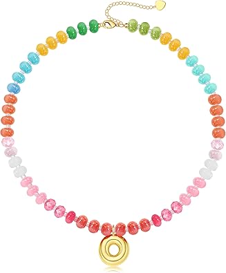 Initial Necklaces for Women, Beaded Necklaces for Women with Bubble Necklace Letter Stocking Stuffers for Teens Trendy Stuff Colorful Gemstone Choker 14k Gold Letter A-Z Pendant Summer Beach Christmas Birthday Jewelry for Her Girlfriend Sister
