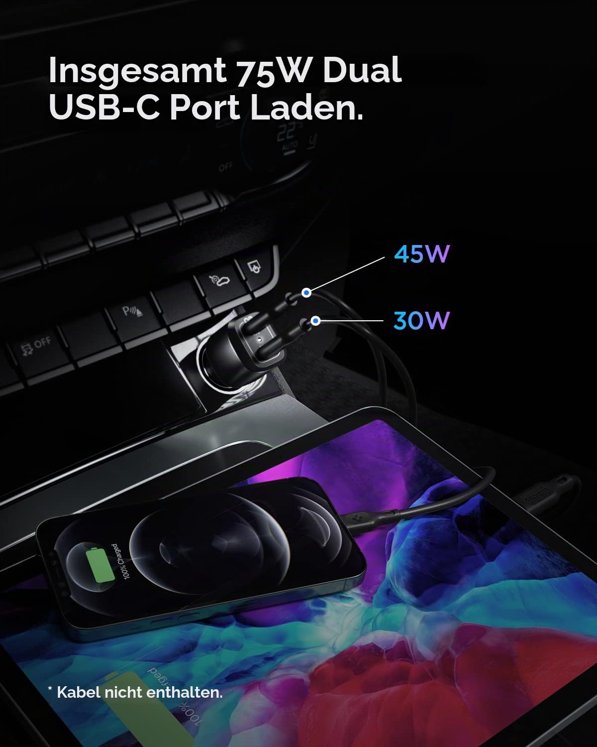 Spigen USB C Autoladegerät 75W Dual Fast Charge PD PPS 3.0 45W+30W für Samsung Galaxy S24 Ultra Plus S23 S23 S21 Note 20 Z Flip Fold 5 iPhone 14 13 Pro Max Plus Pixel 7 6 Pro MacBook Air iPad Steam