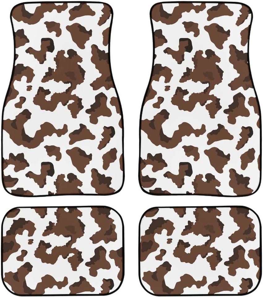 Universal Fit Car Floor Mats Brown Cow Pattern Auto Carpet Non Slip Heavy Duty Rubber Back Auto Mat Floor Liner 4 Pieces Full Set for SUV Truck Sedan