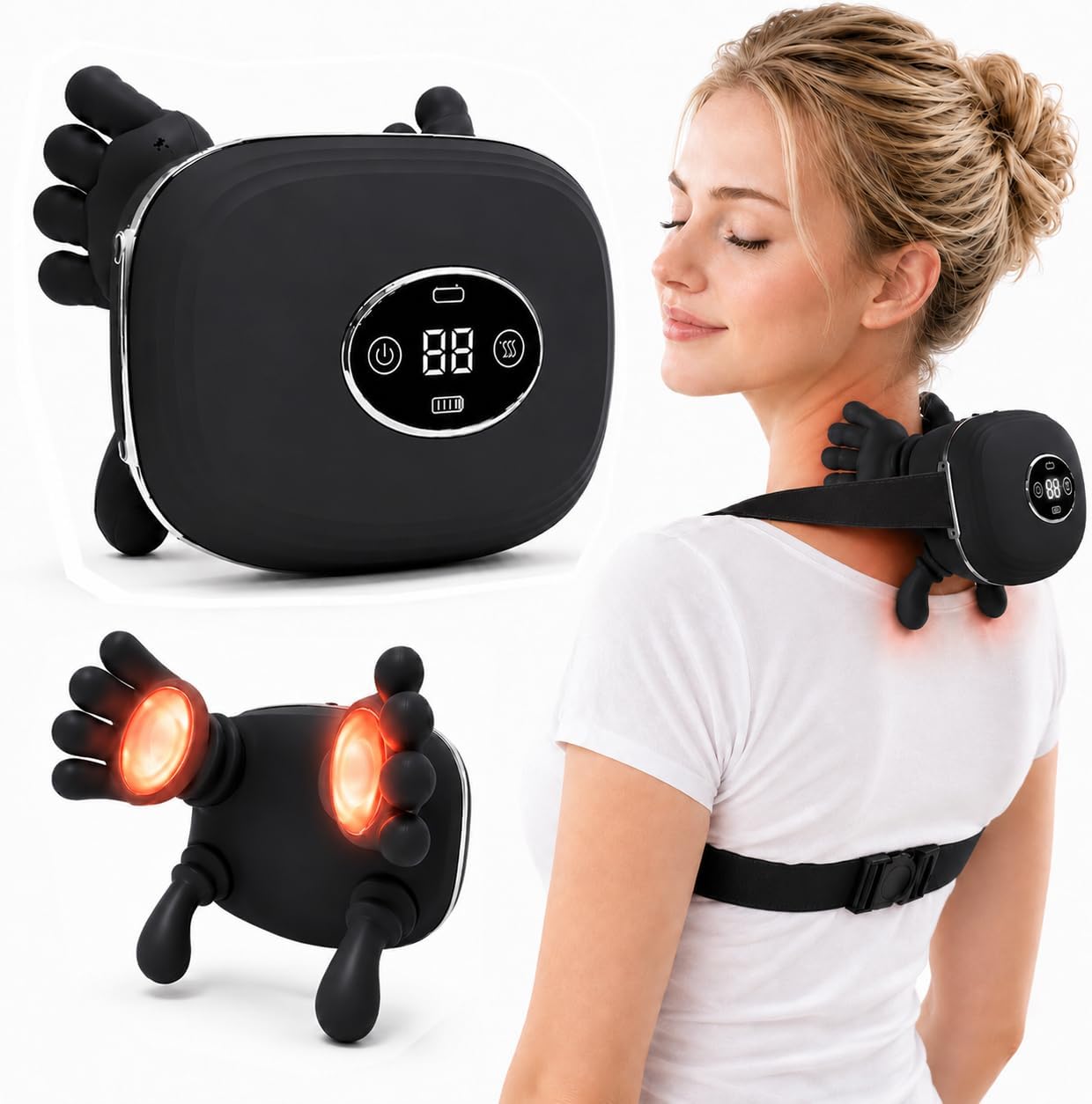 Neck Shoulder Massager, 4D Simulated Hand Kneading Massager with Warm Function, 3 Adjustable Modes USB Rechargeable Cordless Massager with LED Screen, Ideal Gift for Home Office Use (Velvet Black)