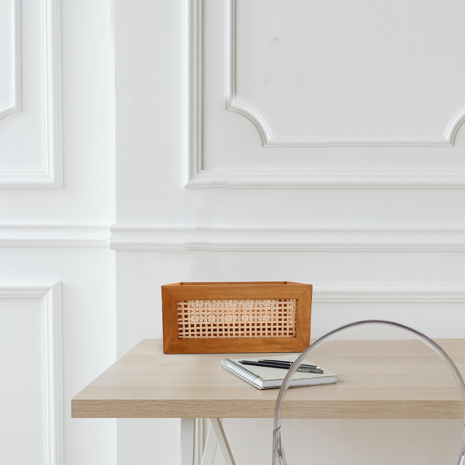 Cesta Rústica de Madera Rectangular para Almacenamiento y Decoración | Bambú Tejido, Asas Integradas, Color Caqui, Uso en Encimera y Oficina, Apta para Libros y Material
