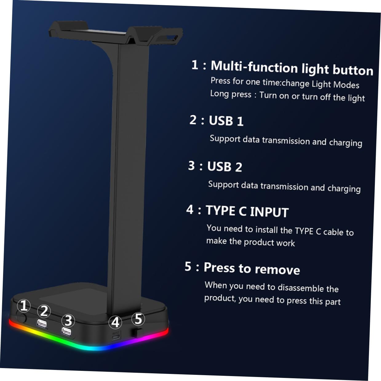 2 Pièces Support Casque Gaming RGB avec Station de Charge USB Présentoir pour Casque Audio Over-Ear Antidérapant et Éclairage Breathing Accessoire Bureau Noir