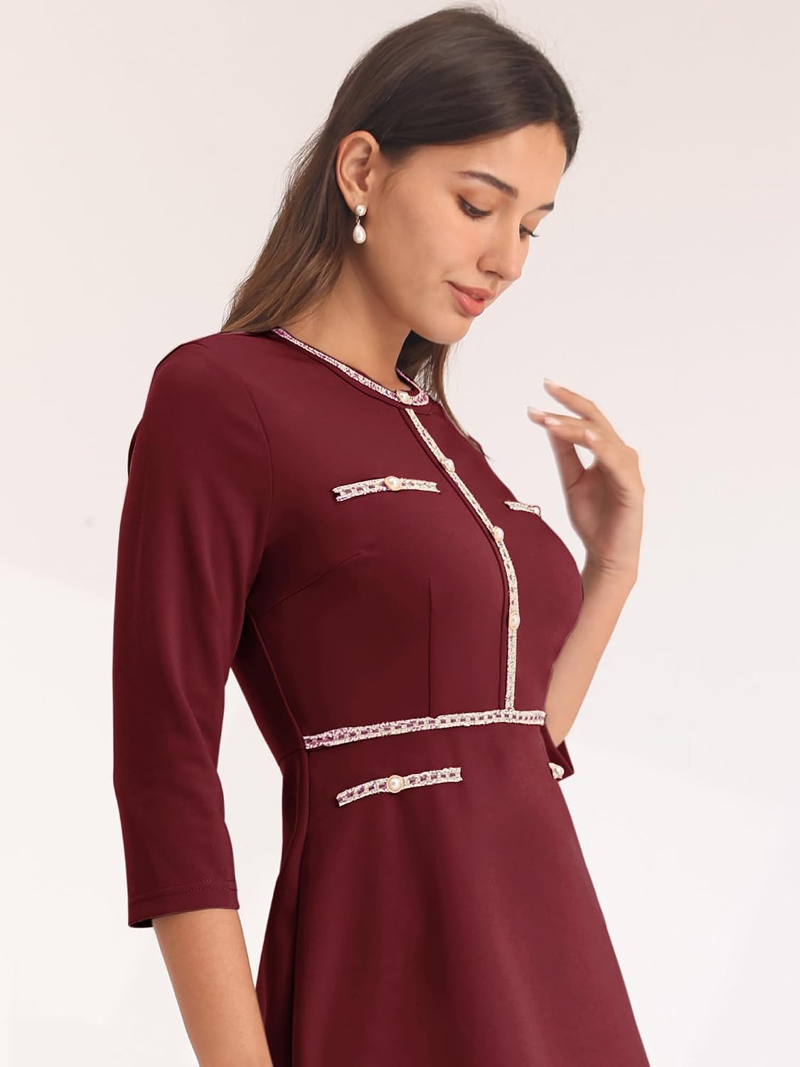 Hobemty Women's Church A-Line Work 3/4 Sleeve Tweed Midi Dresses