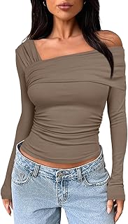Women's One Off Shoulder Long Sleeve Top Ruched Going Out Tops Slim Fit Y2K Shirt Crop Top