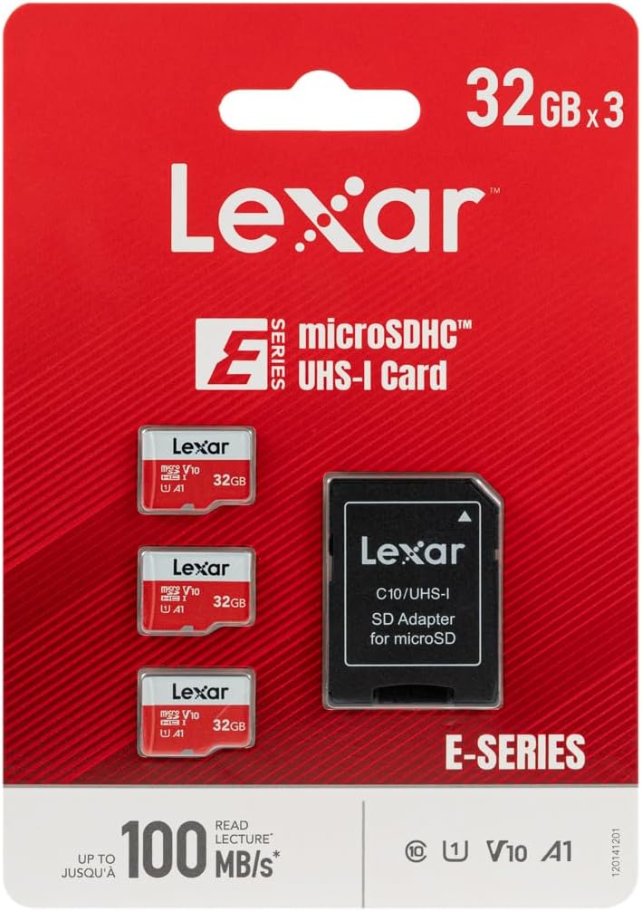 61FElD-Fa0L._AC_SL1500_ Lexar 32GB Micro SD Card, MicroSDHC Memory Card + SD Adapter, microSD Card Read Speed Up to 100MB/s, A1, U1, C10, V10, TF Card Pack of 3 Cards + 1 Adapter