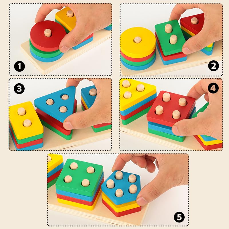 Image of kizh Wooden Sorting Stacking Toys Color Recognition Shape Sorter Gift Educational Learning Toy Puzzles for Toddler Kids Baby Ages 3 4 6