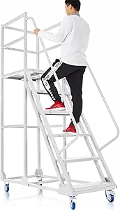 6-Step Rolling Ladder with Handrails, Heavy Duty Industrial & Warehouse Step Stool, 1100 lbs Capacity