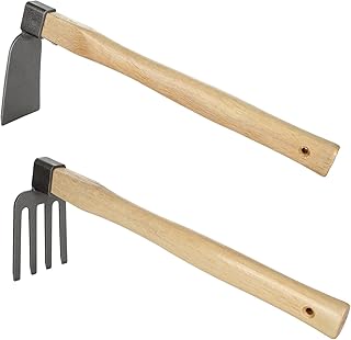 GOYADA 2PCS (Garden Digging Hoe + Garden Cultivator Rake), Small Hoe Garden Tool with Short Wooden Handle, 14in Garden Planting Hoe and Rake for Loosening Digging Weeding Transplanting Cultivation