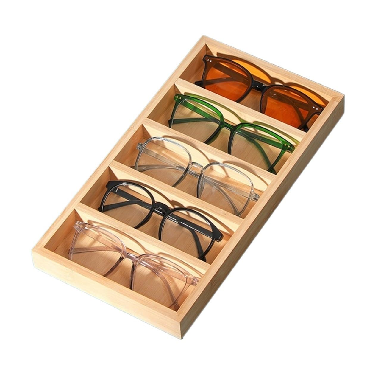 Brillenbox Vielseitig Arbeitsplatte Sonnenbrille Organizer Ablage Bambus Brillen Display Halter Sonnenbrillen Aufbewahrung(17.5x33x3cm)