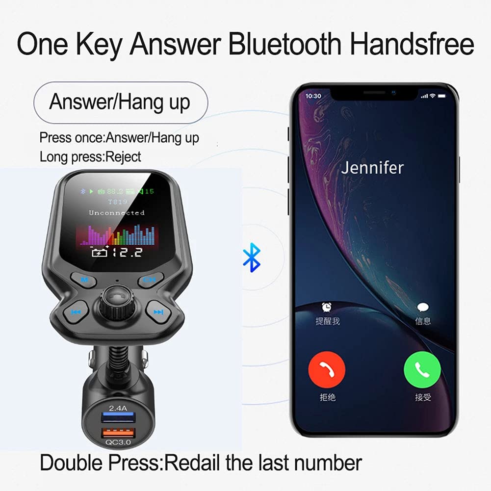 Wireless Car Bluetooth FM Transmitter, Radio Adapter Hands-Free Kit with 1.77 Inch Display, Supports TF/SD Card and QC3.0 & 5V/2.4A Charging