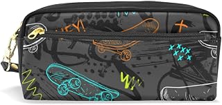 xigua Skateboards Background High Capacity Pencil Pen Case,Leather Pencil Bag Pouch Box Organizer Cases, Portable Stationery Bag with Easy-to-Grip Handle and Ring