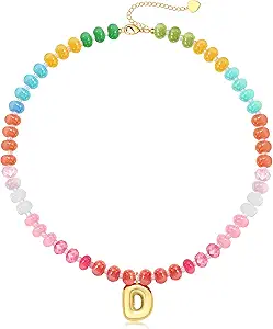 Initial Necklaces for Women, Beaded Necklaces for Women with Bubble Necklace Letter Stocking Stuffers for Teens Trendy Stuff Colorful Gemstone Choker 14k Gold Letter A-Z Pendant Summer Beach Christmas Birthday Jewelry for Her Girlfriend Sister