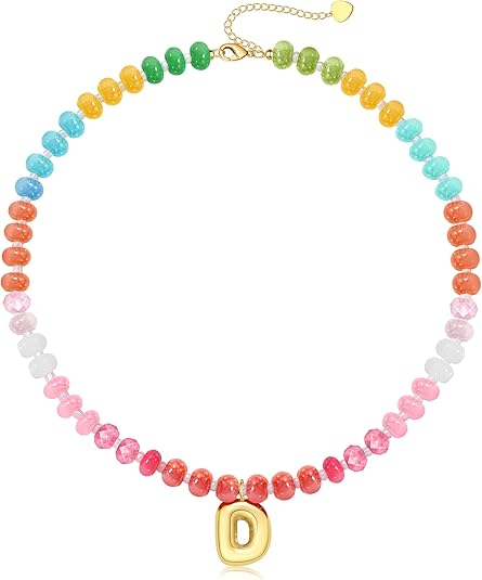 Initial Necklaces for Women, Beaded Necklaces for Women with Bubble Necklace Letter Stocking Stuffers for Teens Trendy Stuff Colorful Gemstone Choker 14k Gold Letter A-Z Pendant Summer Beach Christmas Birthday Jewelry for Her Girlfriend Sister