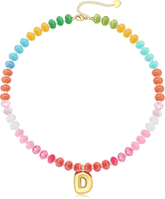 Initial Necklaces for Women, Beaded Necklaces for Women with Bubble Necklace Letter Stocking Stuffers for Teens Trendy Stuff Colorful Gemstone Choker 14k Gold Letter A-Z Pendant Summer Beach Christmas Birthday Jewelry for Her Girlfriend Sister