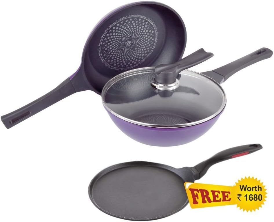 Wonderchef Induction Diamond Pan Set with Free Dosa Tawa (25cm) and Recipe Booklet worth Rs 1680/-, 3-Pieces