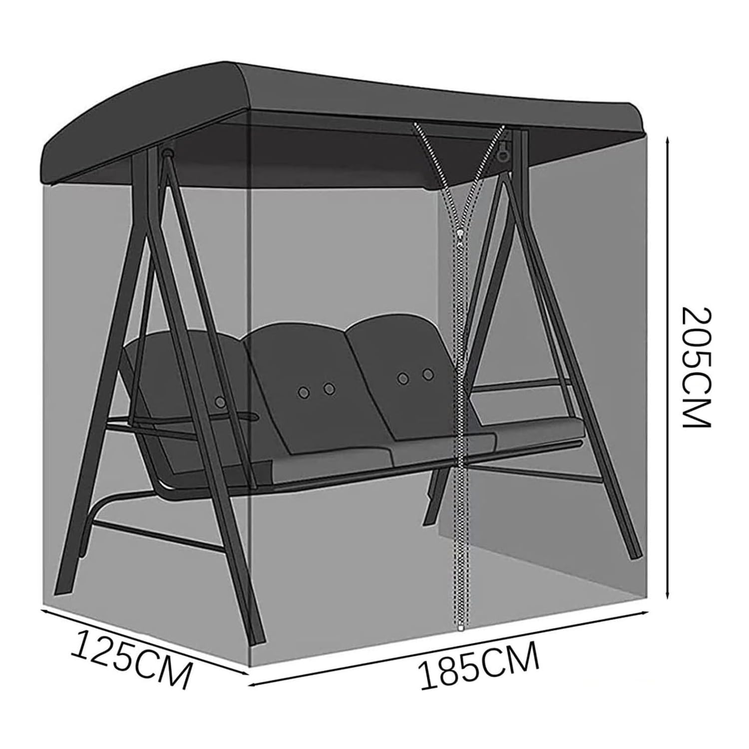 Moskitiera na huśtawkę ogrodową, 185x125x205cm | Uniwersalna siatka z 4 panelami z zamkiem błyskawicznym pasuje do pergoli i zadaszeń tarasowych