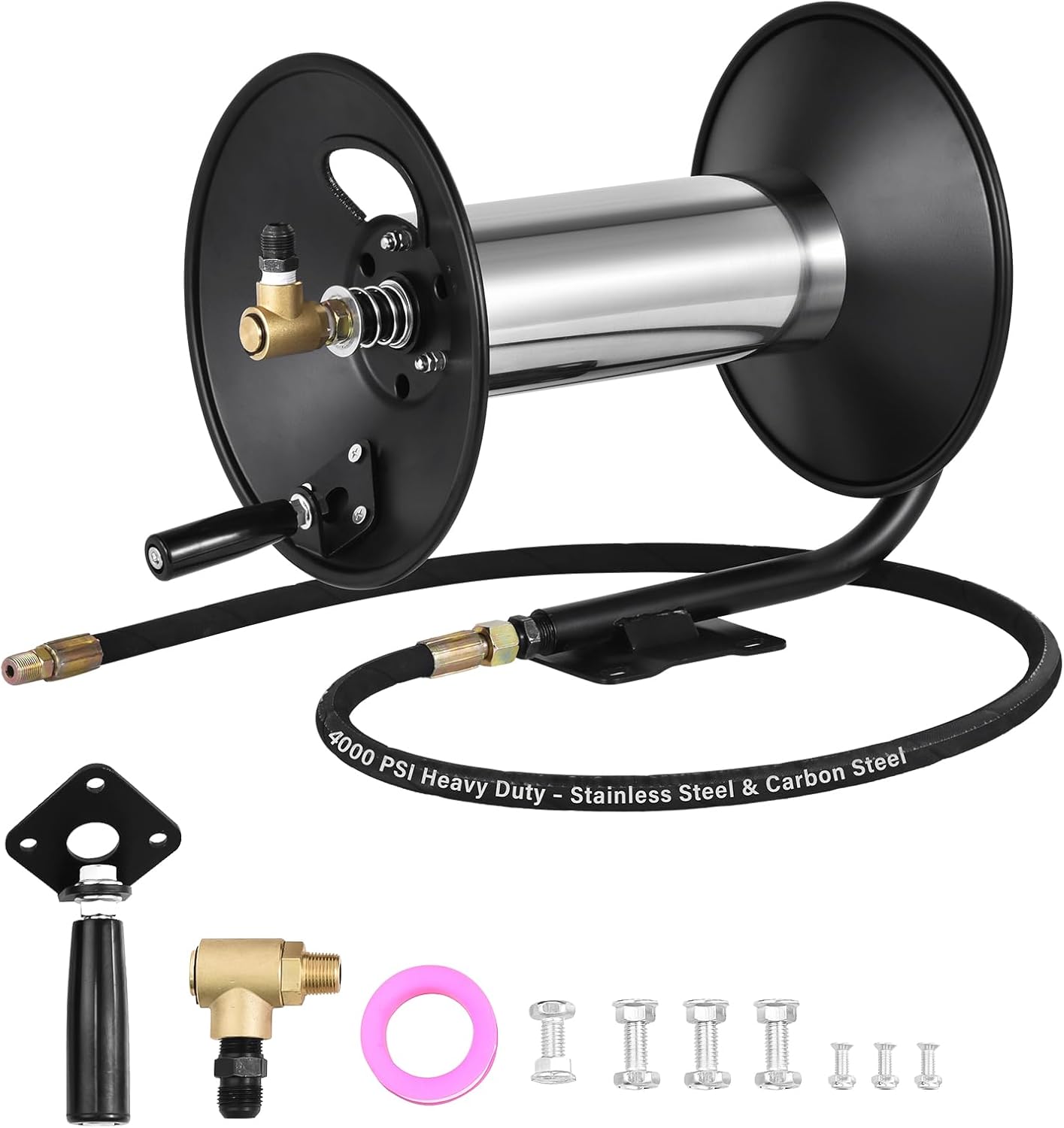 Pressure Washer Hose Reel 100 ft, 4000 PSI Stainless & Carbon Steel Hand Crank with Brass Swivel and 90 Degree Elbow, Wall/Floor Mount – Fits 3/8" and 1/4" Hoses