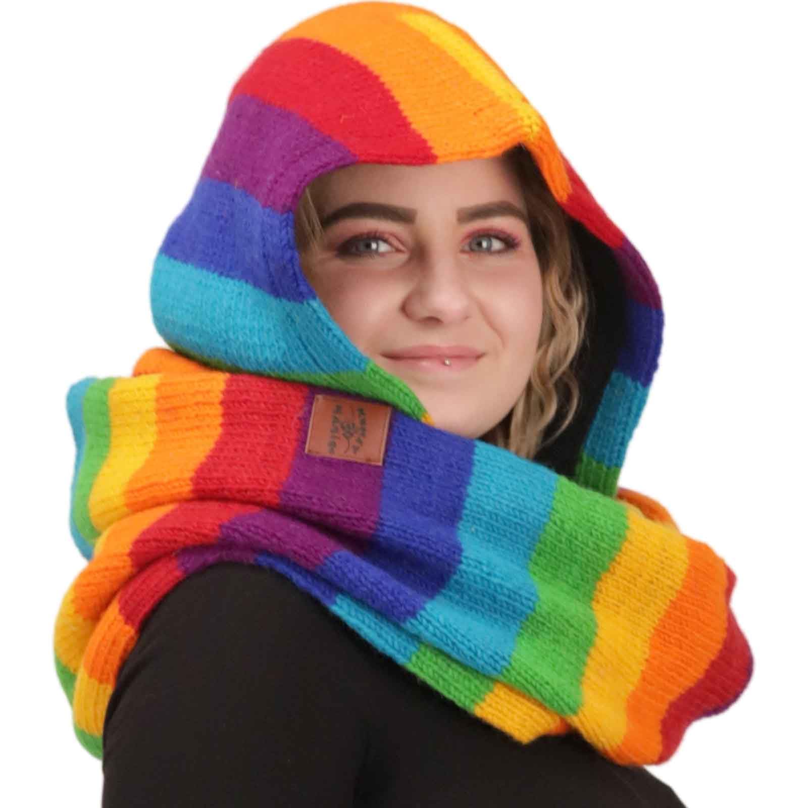 Kunst und Magie Damen Kapuzenschal Loop Schal Hoodie Schalmütze Poncho Regenbogenfarben aus Wolle gestrickt Strick Kapuze