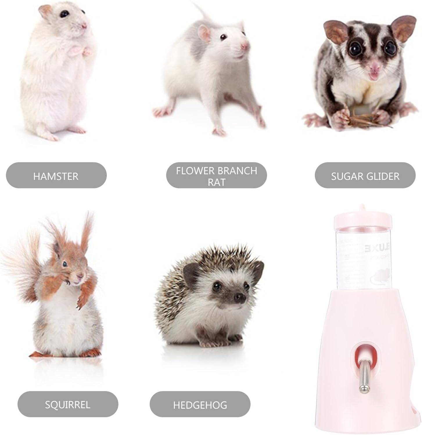 POPETPOP Hamster Water Bottle with Stand: Hamster Water Dispenser Pet Automatic Drinking Bottle Small Animal Water Bottles for Rabbit Chinchilla Guinea Pig Hedgehog, 8X8X16CM, Pink