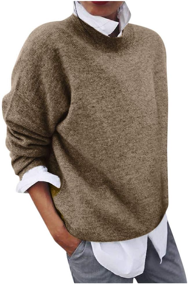 Heevina Womens Sweaters for Women 2 in 1 Shirt Loose Solid Color Long Sleeve Base Cozy Pullover Jumpers Fall Winter