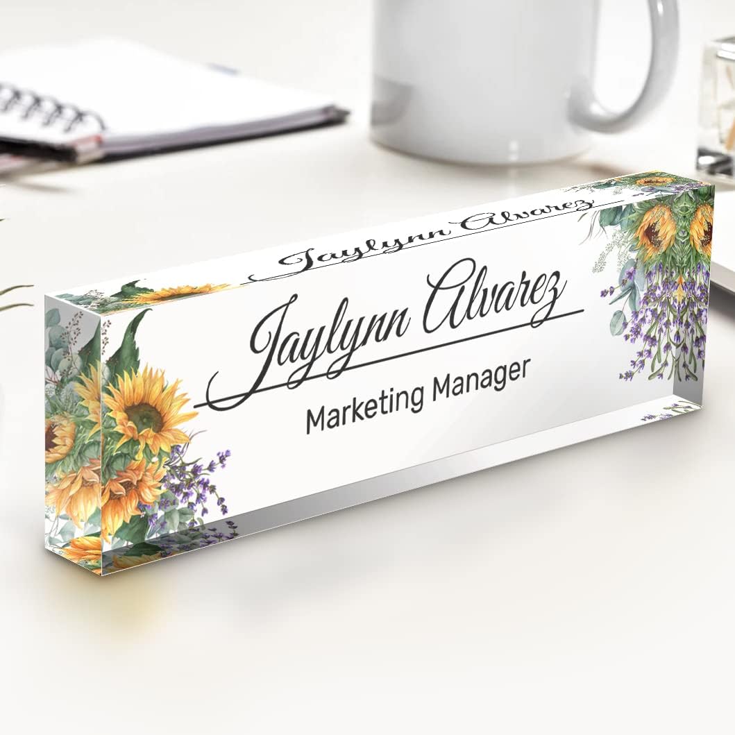 Office Desk Name Plate Personalized - Custom Name Plates for Desks - Unique Design On Clear Acrylic Glass Block- Office Desk Decor - 8"x2.4"x1.2"
