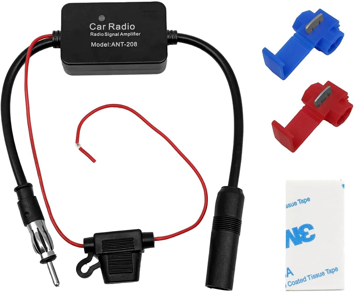Amplificador de antena de automóvil de 12 V Amplificador de recepción de señal de antena de 25 db, amplifica la señal y reduce el ruido AM FM para estéreo de automóvil, audio, radio, medios, receptor de unidad principal
