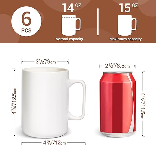 Vista 4 de ComSaf Juego de 6 tazas de café de cerámica, taza de café grande de 14 onzas, taza de té para oficina y hogar, taza de porcelana con asa