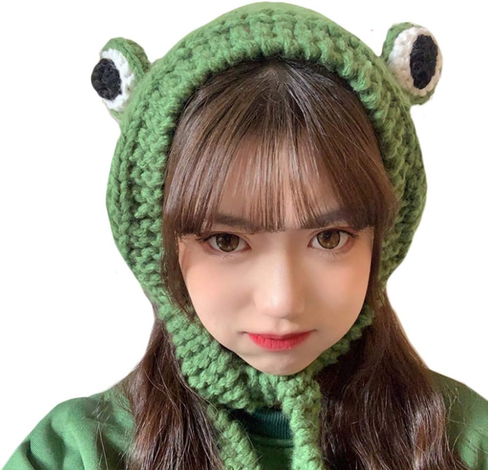 Women Girls Crochet Knitted Winter Headband Hat Beanie Cute Cartoon Frog Big Eyes Earflap Cap Photo Props