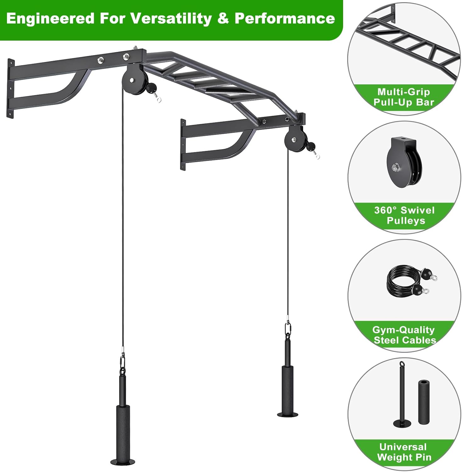 SELEWARE 48'' Heavy Duty Pull Up Bar Wall Mount Multi-function Chin up Bar with Home Gym Cable Pulley System LAT Pulldown Workout Attachments Heavy Bag Hanger