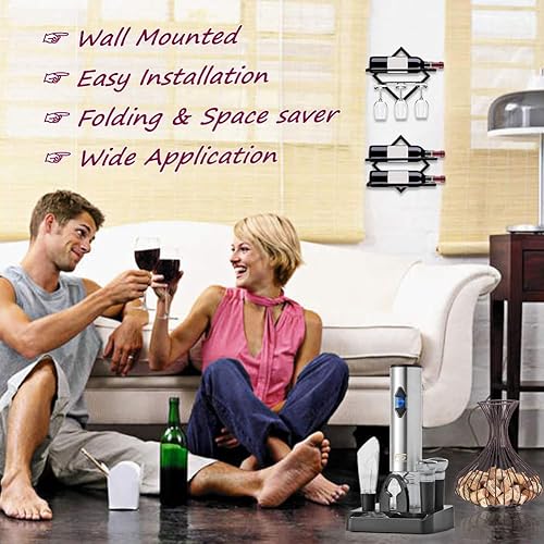 Miniatura 5 de 1 juego de encimera de madera para vino + 2 estilos de metal montado en la pared para almacenamiento de vino soporte de vidrio decorativo