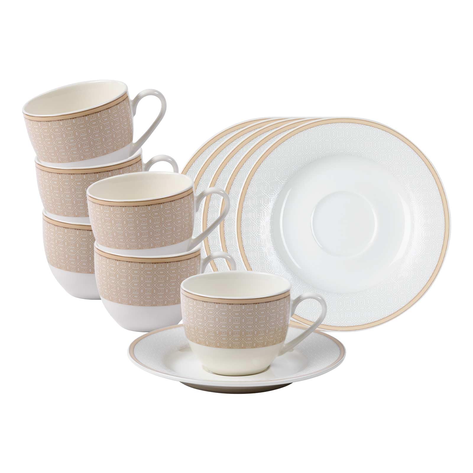 Ritzenhoff & Breker Geo Espressotasse mit Untertasse 90 ml 6er Set | Edles Porzellan-Geschirr mit geometrischem Relief-Dessin in zarten Pudertönen | Elegantes Design, zeitgemäß & stilvoll