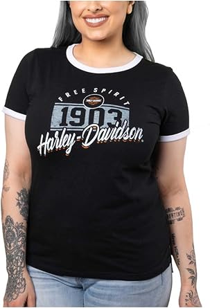Harley-Davidson Womens Collegiate Short Sleeve Ringer Tee - Black/White