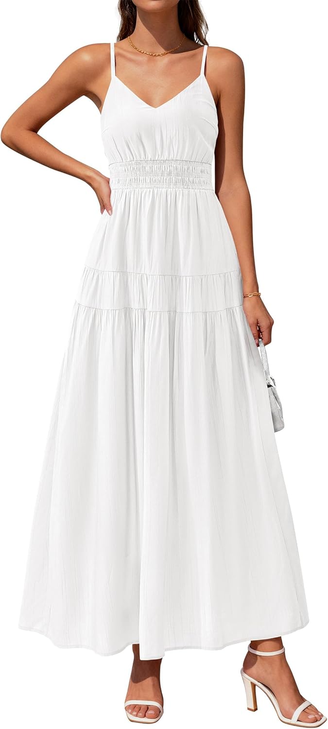 KIRUNDO Summer Dresses for Women Spaghetti Strap Sleeveless High Waist Flowy Boho Maxi Dress Beach Vacation Long Sundress